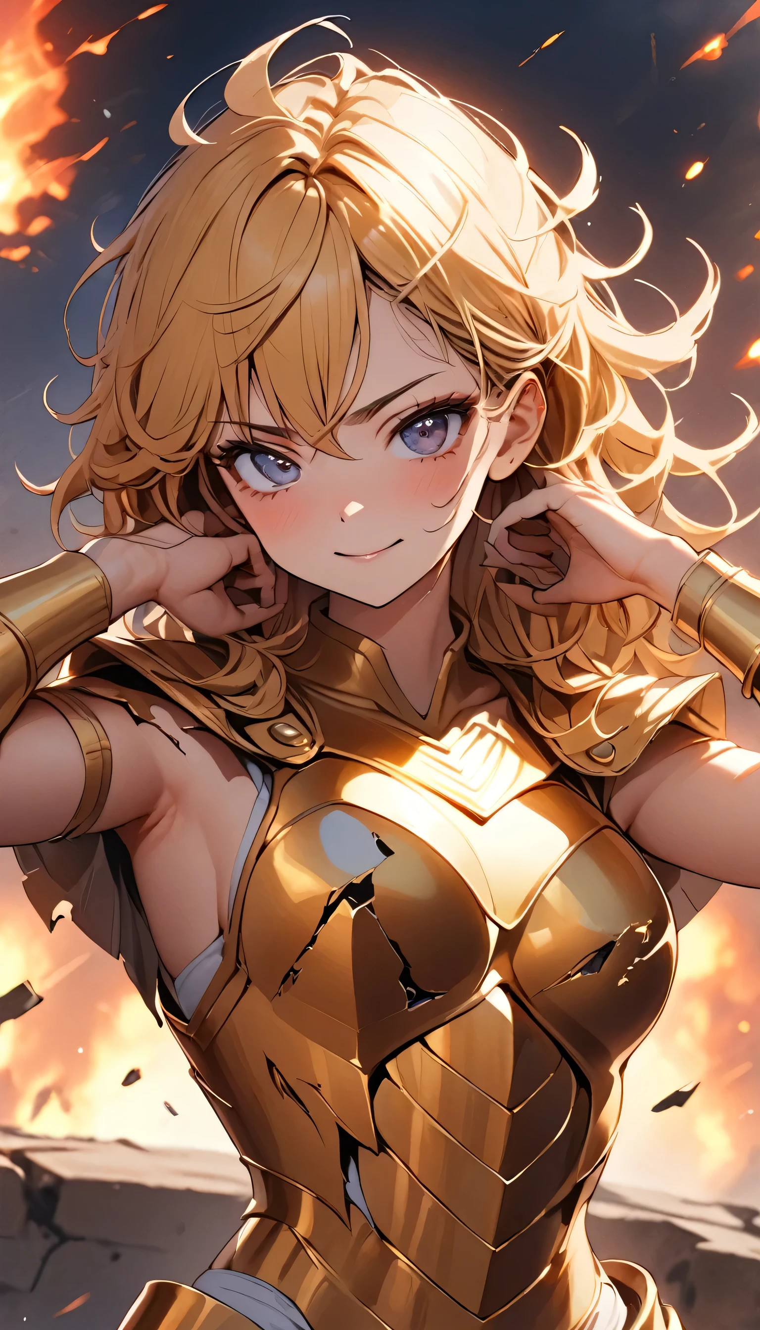 (masterpiece), (highest quality), (1 girl), Girl in golden armor, Cool pose, Battlefield Background, Fire Background, Saint Seiya Armor, Messy Hair, Broken Armor, Tattered clothes