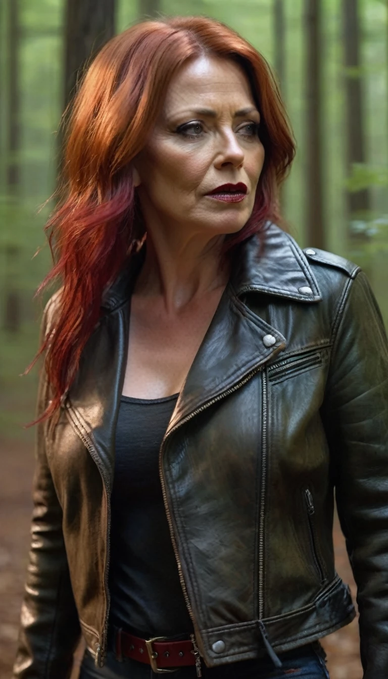 Hyper-realistic, ultra-detailed, Raw, masterpiece. dark forest. 40-years-old woman. on face: fright, depraved. (leather jacket), flannel shirt, (heels), (leather tight-high-boots:1.2), (fuck-me-boots), (jeans), shortness of breath, Trapped in lust, defenseless, Copper-red hair, sweat, hard breath, side view, full body