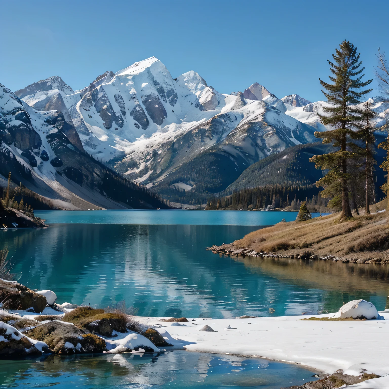 Best image of a large lake with blue waters, in the background my mountains with snow peaks surrounded by beautiful trees , A true paradise,