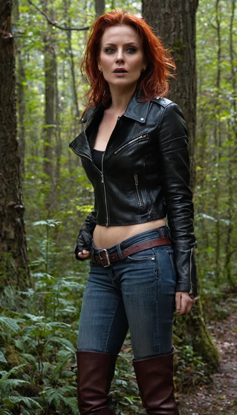 Hyper-realistic, ultra-detailed, Raw, masterpiece. dark forest. 40-years-old woman. on face: fright, depraved. (leather jacket), flannel shirt, (heels), (leather tight-high-boots:1.2), (fuck-me-boots), (wetlook jeans), shortness of breath, Trapped in lust, defenseless, Copper-red hair, sweat, hard breath, side view