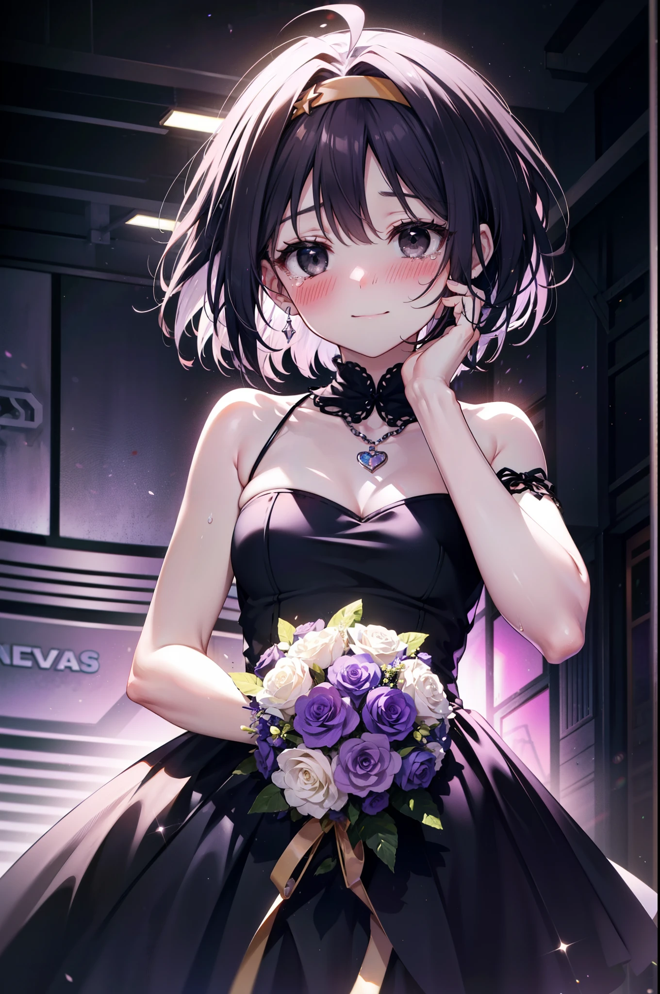 yuukikonno, Yuki Konno,Black Hair,Short Hair,Bob Hair ,Ahoge,Green headband,(Black eyes:1.5), (Small breasts:1.2), smile,Purple Dress,Purple long skirt,purple stiletto heels,Sleeveless,Expose your shoulders,Bare arms,Bare neck,bare clavicle,She is holding a large bouquet of flowers in both hands...,There is a big cake on the table,Heart Necklace,Tears stream down her face,Tears of joy,I cry a lot,Looking up from below,
break indoors, venue,on stage,
break looking at viewer, Upper Body, (Cowboy Shot:1.5),
break (masterpiece:1.2), highest quality, High resolution, unity 8k wallpaper, (shape:0.8), (Beautiful details:1.6), Highly detailed face, Perfect lighting, Extremely detailed CG, (Perfect hands, Perfect Anatomy),