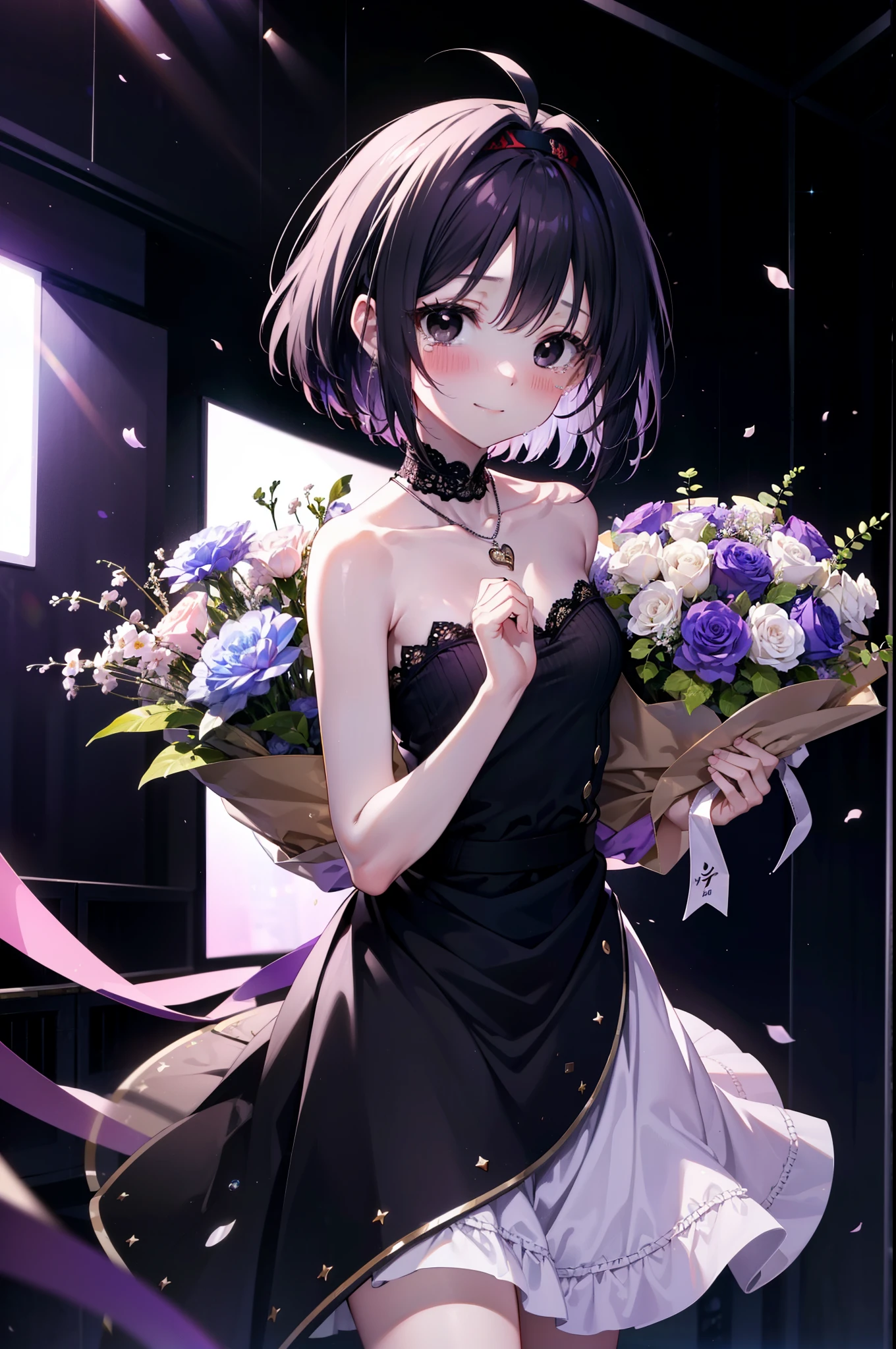 yuukikonno, Yuki Konno,Black Hair,Short Hair,Bob Hair ,Ahoge,Green headband,(Black eyes:1.5), (Small breasts:1.2), smile,Purple Dress,Purple long skirt,purple stiletto heels,Sleeveless,Expose your shoulders,Bare arms,Bare neck,bare clavicle,She is holding a large bouquet of flowers in both hands...,There is a big cake on the table,Heart Necklace,Tears stream down her face,Tears of joy,I cry a lot,Looking up from below,
break indoors, venue,on stage,
break looking at viewer, Upper Body, (Cowboy Shot:1.5),
break (masterpiece:1.2), highest quality, High resolution, unity 8k wallpaper, (shape:0.8), (Beautiful details:1.6), Highly detailed face, Perfect lighting, Extremely detailed CG, (Perfect hands, Perfect Anatomy),