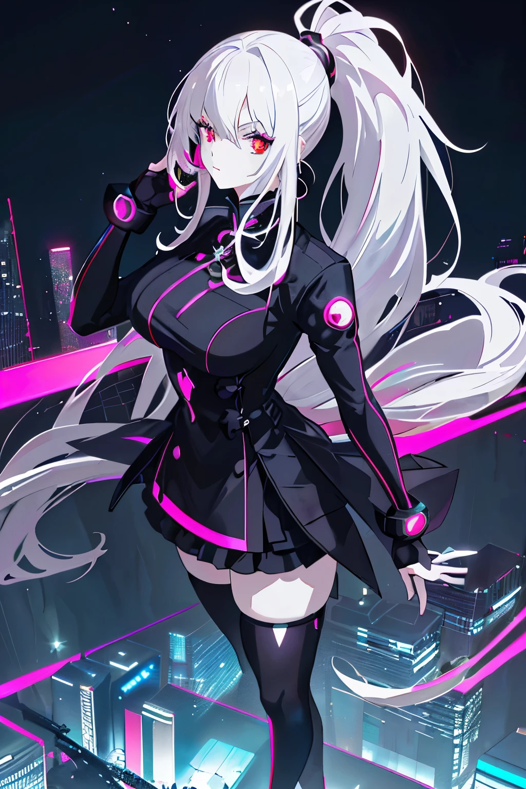 anime, (artwork, best quality, ultra-detailed, high contrast), 1 woman (Alone, full body, plus size body, standing on the edge of a towering skyscraper, Long Silver hair tied in a ponytail that cascades down her back, red eyes that sparkle like rubies, perfectly enhanced by the neon lights of the city below, donning a simple black qipao, with intricate black cybernetics adorned with vibrant neon pink accents, wearing transparent black socks that seem to blend seamlessly with the night), (skyscraper roof, overlooking a city in the heart of the night, detailed background with low light pollution, each