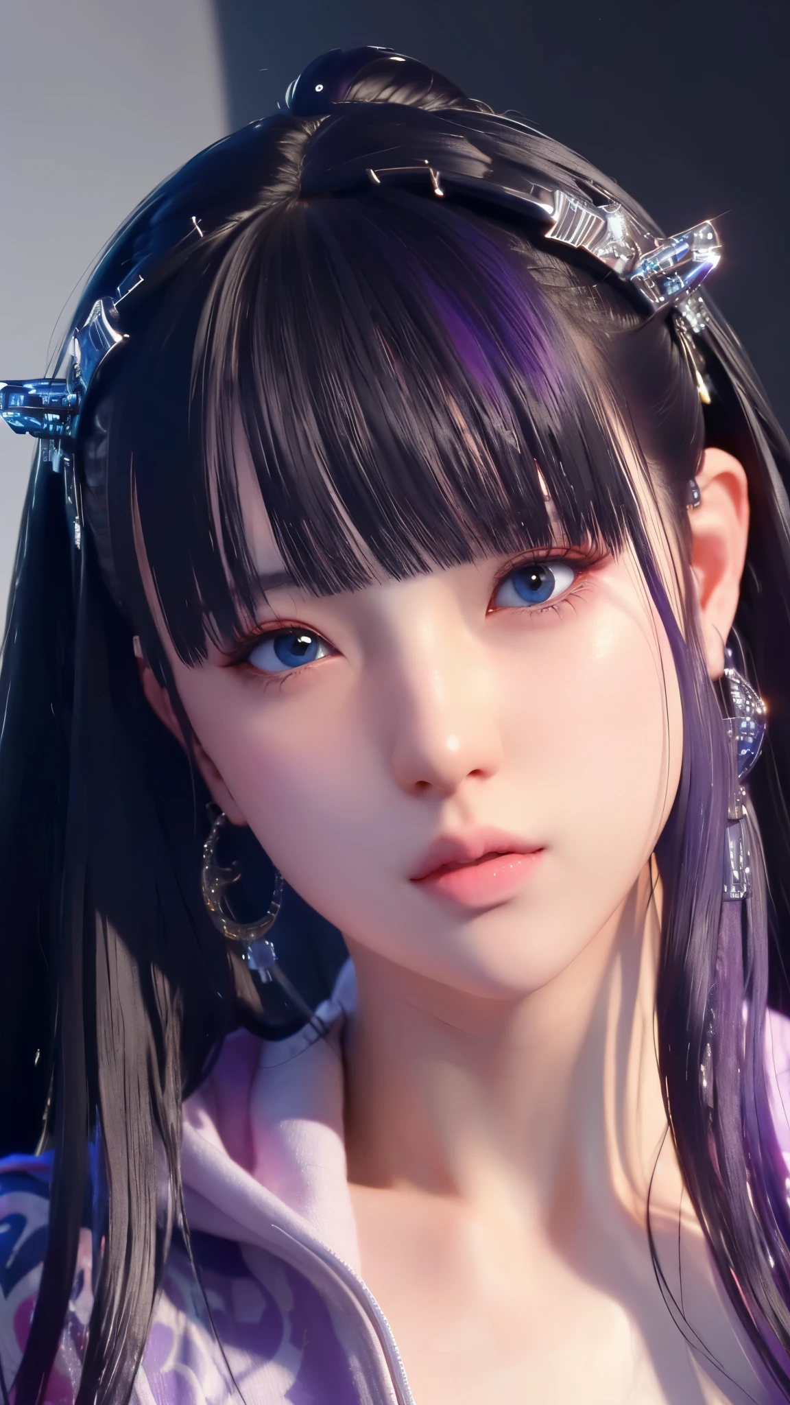 （（（完美figure，figure，solo， White and tender skin，（（（Cyberpunk，naked hoodie））），（（（shaosiming，hair ornament, purple hair, very long hair, blunt bangs, hair rings,））），((masterpiece)),high resolution, ((Best quality at best))，masterpiece，quality，Best quality，（（（ Exquisite facial features，Looking at the audience,There is light in the eyes，(（（Smile，confidence））），型figure:1.7））），（（（Light and shadow，Huge breasts））），（（（Looking at the camera，black background，Overlooking，from above)）））