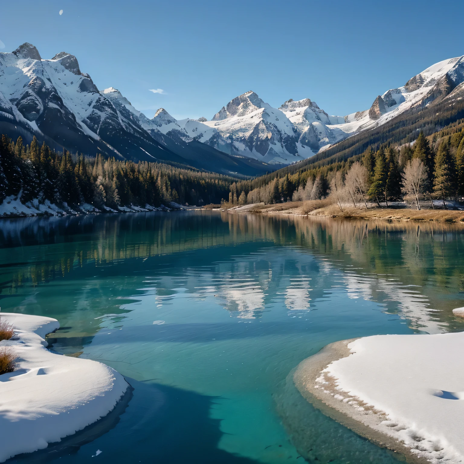 Best image of a large lake with blue waters, in the background my mountains with snow peaks surrounded by beautiful trees , A true paradise,