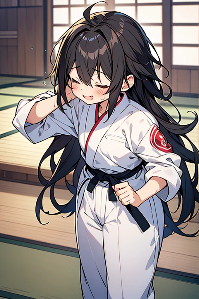 anime style,small breasts boyish cute girl,light_black semi long messy hair,
white official judo uniform,standing on tatami,sweat,
closed eyes,smile,laugh,dab one's sweat from one's forehead
