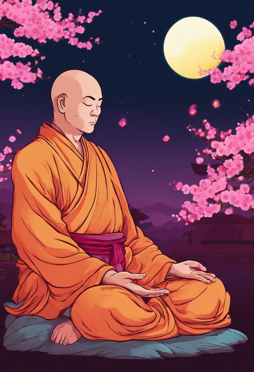 Illustration of a meditating monk, Cherry Blossom Garden at Night, Full moon and lotus, Full of serenity and wisdom,