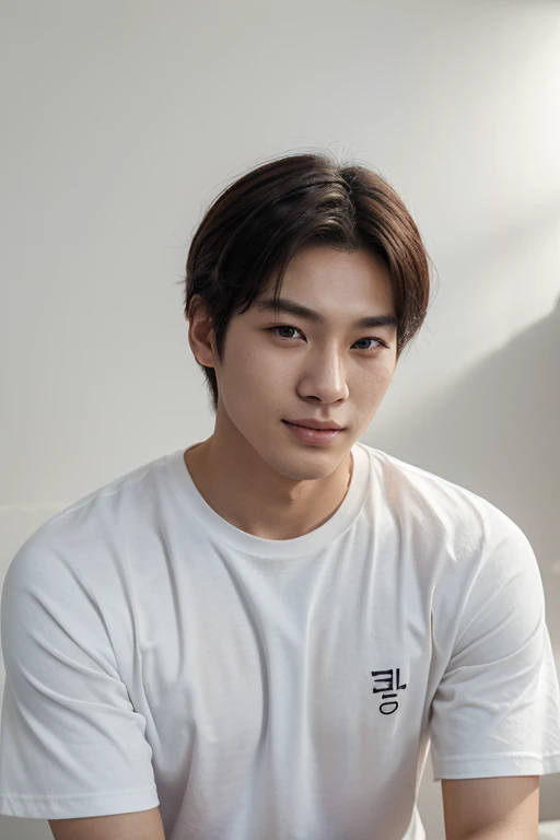 Realistic skin texture, 22 year old Korean male, The moat of the face is deep, Dry white short-sleeved oversized T-shirt,　Center Part, 　White wall background, looking at the camera, Forehead, Hand on chin, Sexy gaze,　smile