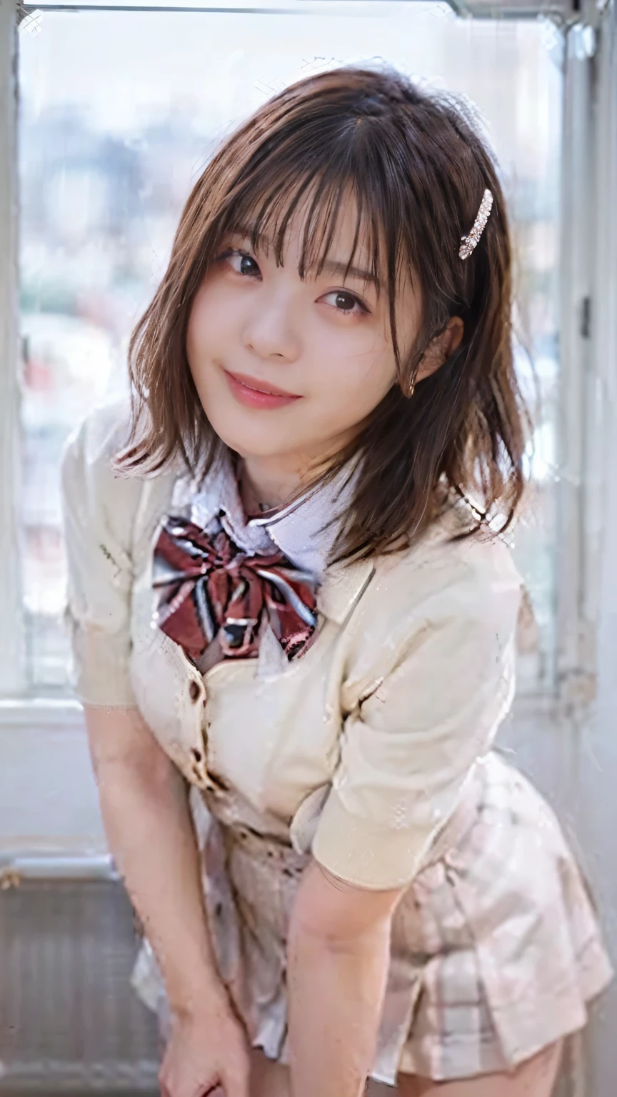 (masterpiece, highest quality:1.2), (Realistic, photoRealistic:1.4), High resolution, RAW Photos, 8k, Very detailed, Ultra high definition, Cinema Lighting, Depth of written boundary, (Portraiture), View your viewers, (((Front view, From below))), alone, One girl, high school girl, Idol of a 16-year-old Japan, Fine skin, Pale skin, Black Hair, short hair, Bob Hair, Long eyelashes, Flat Chest, Slender body, thin, Detailed face, Fine grain, Lips parted, ((High-quality fabric, knit cardigan, Short sleeve collared shirt, Pleated mini skirt, Micro Mini Skirt, bow tie)), (((Thighs, Thighs丈))), (Standing in classroom), (Beautiful views), Daytime,((Cleavage,Large Breasts:1.2)),smile