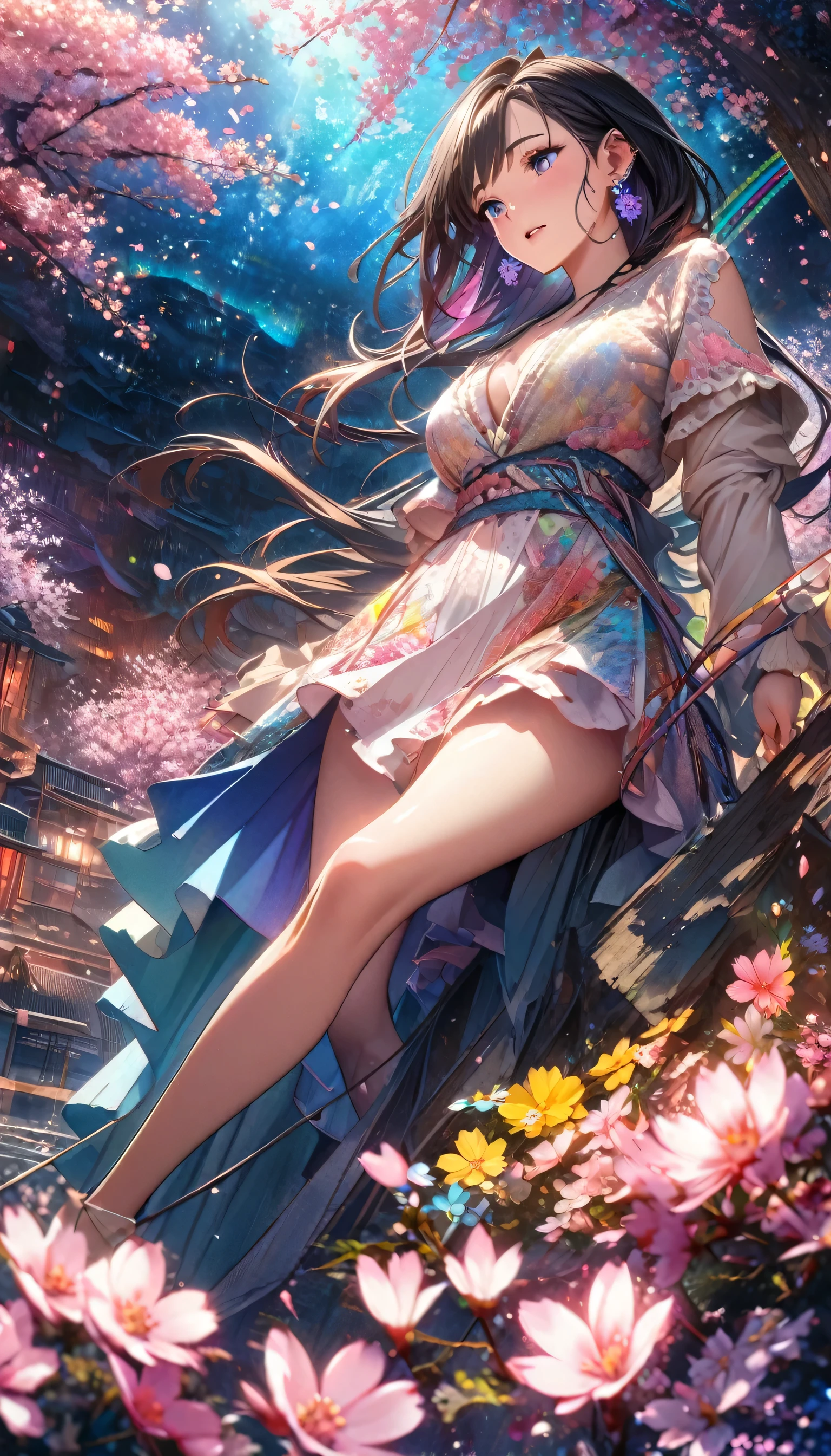 Anime Style, Ultra-fine illustrations, Very detailedな, Dynamic Angle, Beautiful details, 8k, On a Spring Night, Cherry blossom tree illuminated by city lights々is quietly shining. Break A woman stops, I was fascinated by the beautiful scenery, Watching the cherry blossoms fluttering down. Her expression is、It speaks of the coming of spring and a heartfelt admiration for the beauty of cherry blossoms.. masterpiece, highest quality, highest quality, Official Art, beautifully、Aesthetically beautiful:1.2), (1 girl, mature:1.3, Older:1.3), Very detailed,(Fractal Art:1.1),(colorful:1.4)(Flowers:1.3),Most detailed,(Tangled:1.2), (Dynamic pose), (Abstract background:1.3), (Shiny skin), (Many colors:1.4),(Earrings:1.4),