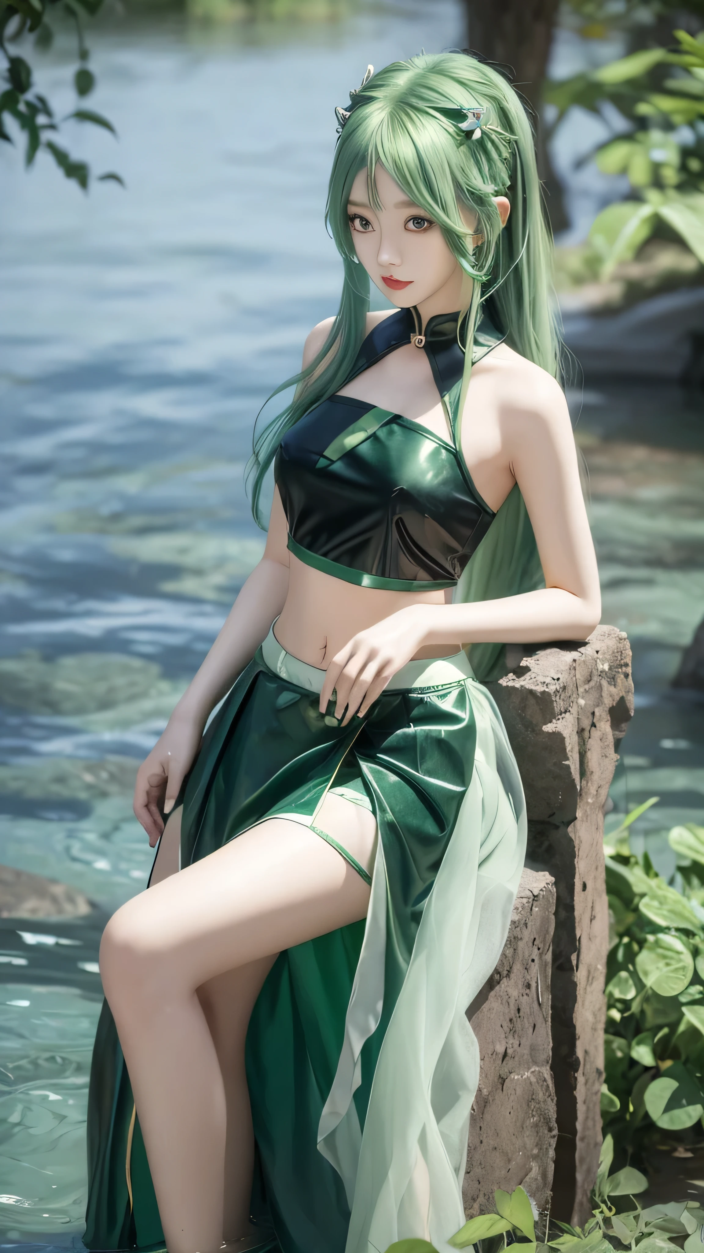 (masterpiece),4k, (ultra realistic), (best quality), (high detailed face),sexy, 1girl, a beautiful japanese girl standing nearby the lake, slim, long legs, (bikini), (flat chested), (black stocking), (pubic hair), (green hair, green eyes), photorealistic
