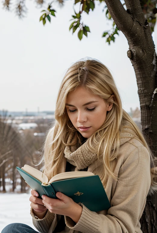 blonde woman reading a book on a cold day in a tree