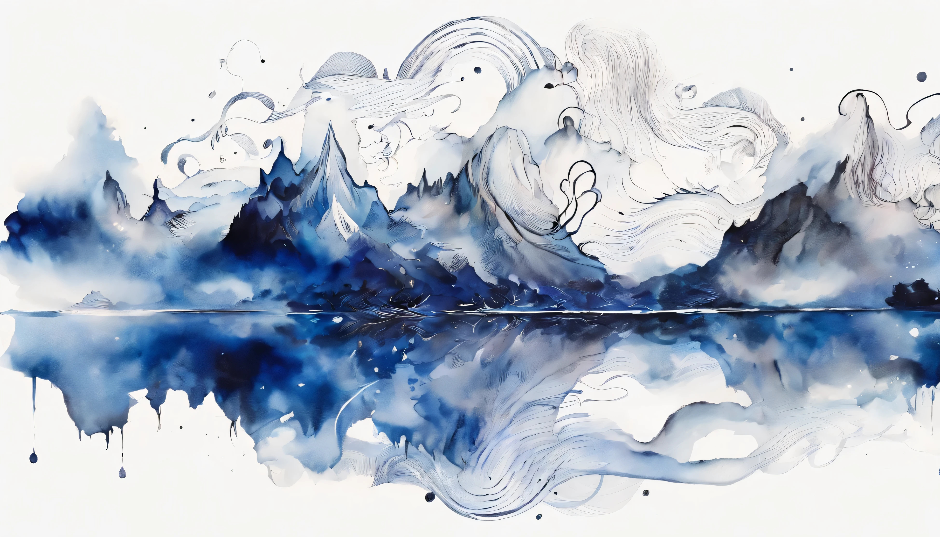 Ink scenery,white backgrounid,Deep indigo and gray,scenecy, ink,Rolling mountains,Eau,Wide River