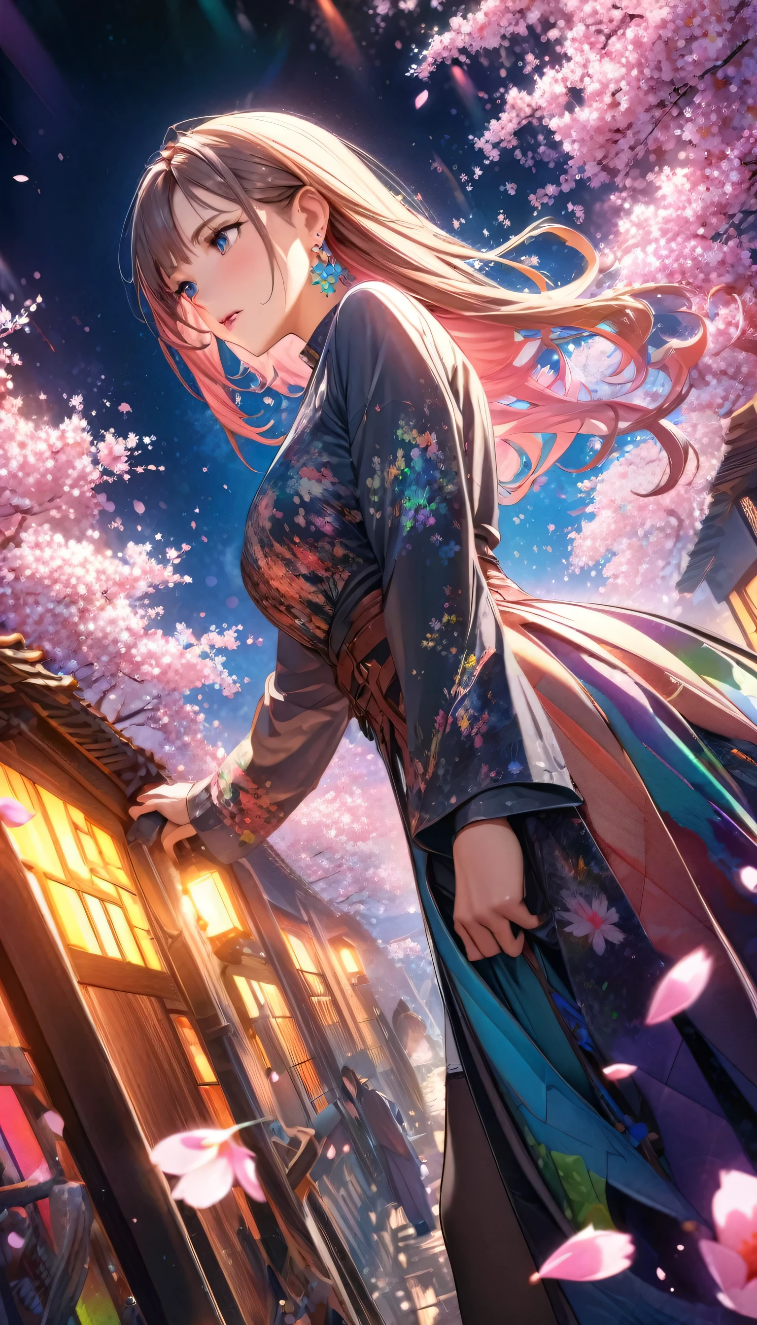 Anime Style, Ultra-fine illustrations, Very detailedな, Dynamic Angle, Beautiful details, 8k, On a Spring Night, Cherry blossom tree illuminated by city lights々is quietly shining. Break A woman stops, I was fascinated by the beautiful scenery, Watching the cherry blossoms fluttering down. Her expression is、It speaks of the coming of spring and a heartfelt admiration for the beauty of cherry blossoms.. masterpiece, highest quality, highest quality, Official Art, beautifully、Aesthetically beautiful:1.2), (1 girl, mature:1.3, Older:1.3), Very detailed,(Fractal Art:1.1),(colorful:1.4)(Flowers:1.3),Most detailed,(Tangled:1.2), (Dynamic pose), (Abstract background:1.3), (Shiny skin), (Many colors:1.4),(Earrings:1.4),