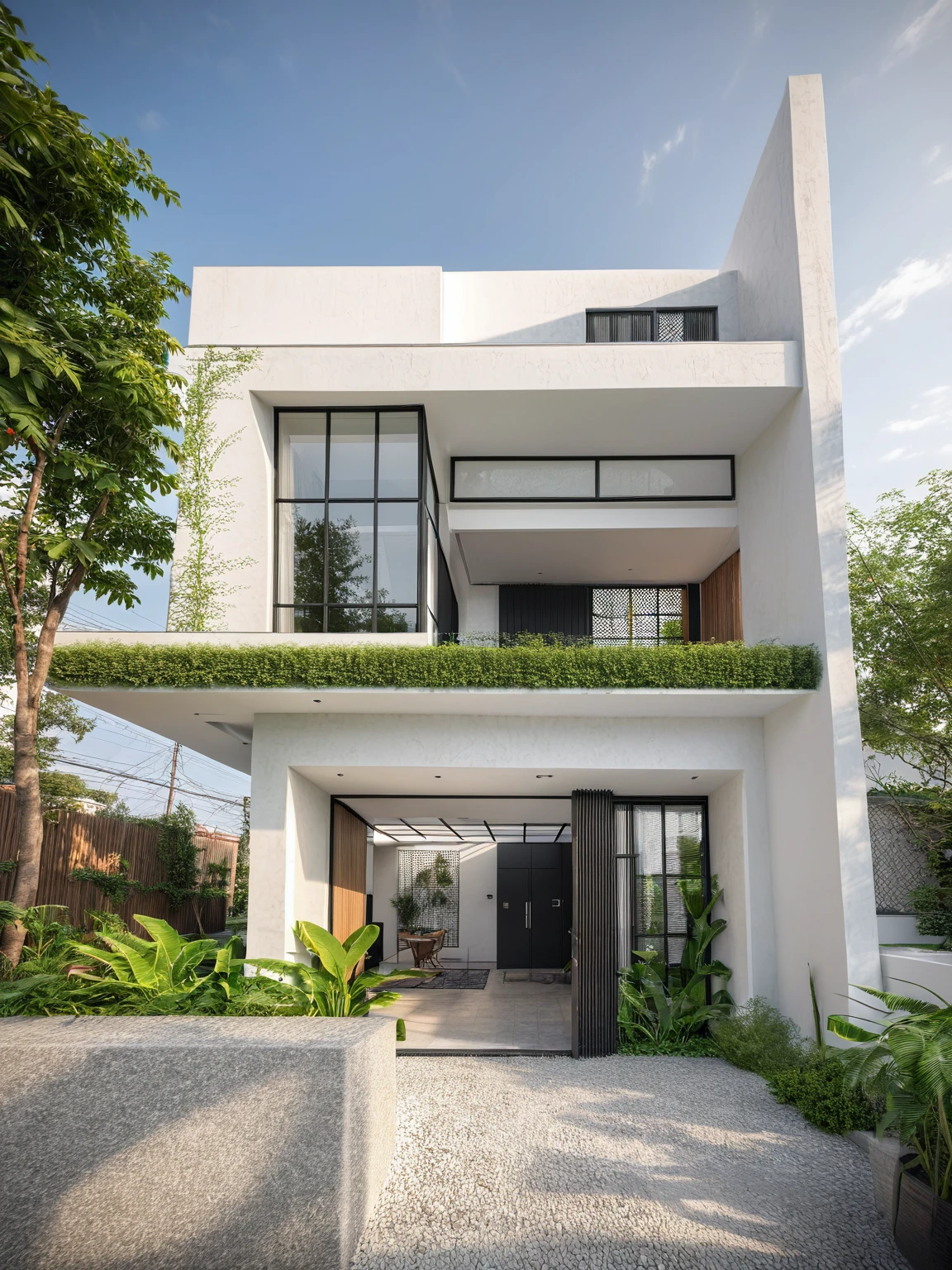 Raw photo,Masterpiece, high quality, best quality, authentic, super detail, exterior, outdoors, house style modern on the street , A modern house with a unique white grid design, green balcony plants, black iron gate, and a small front garden. The minimalist architecture harmonizes with nature, creating an airy and peaceful atmosphere. Curved door, CG rendering,(depth of field),random color matching,exterior panorama