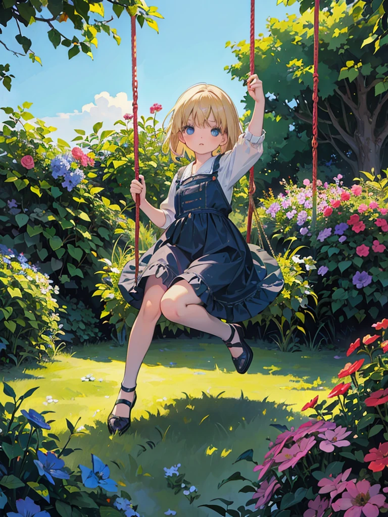 Art by Edward Hopper and Jan Saudek full figure of a six yearold beautiful girl with windswept blonde hair  on a swing ,in a garden with colourful flowers clear blue sky, Enchanting and ethereal scene.