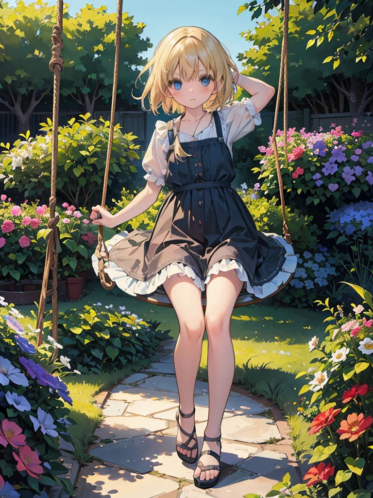 Art by Edward Hopper and Jan Saudek full figure of a six yearold beautiful girl with windswept blonde hair on a swing ,in a garden with colourful flowers clear blue sky, Enchanting and ethereal scene.