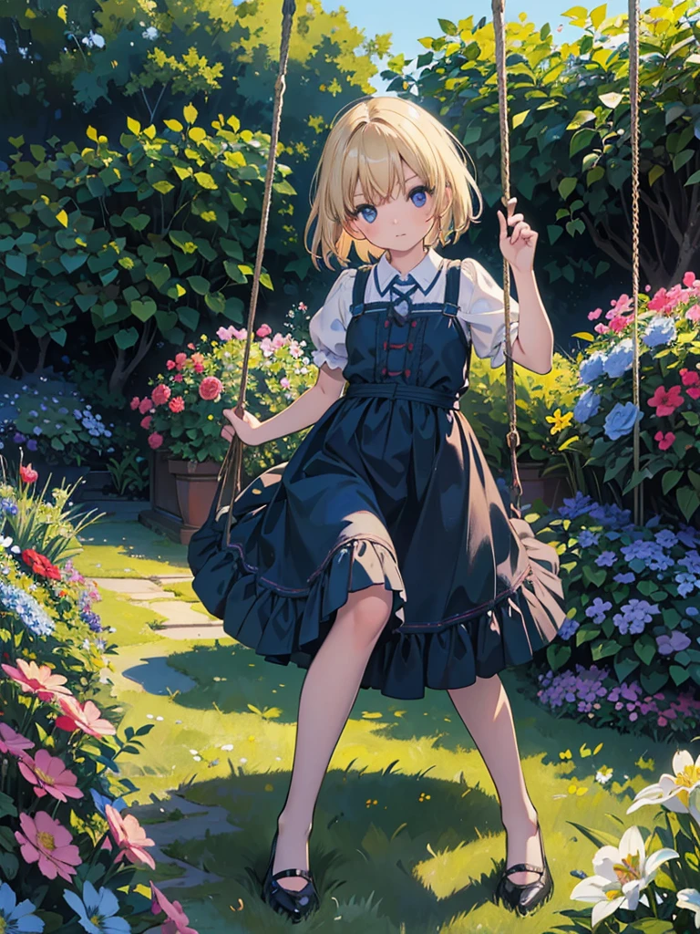 Art by Edward Hopper and Jan Saudek full figure of a six yearold beautiful girl with windswept blonde hair on a swing ,in a garden with colourful flowers clear blue sky, Enchanting and ethereal scene.