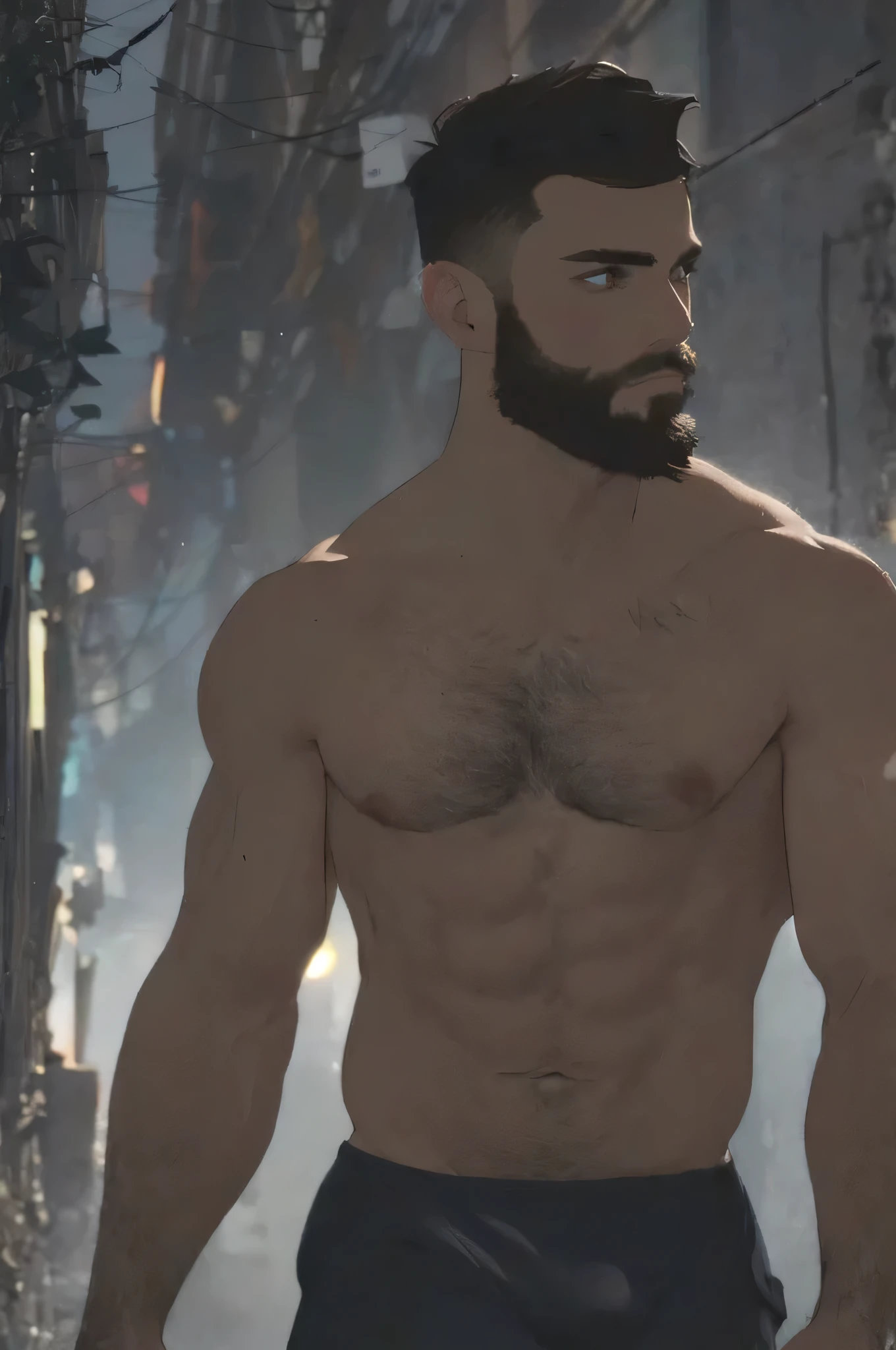 mid_shot, attractive bearded man, defined muscles, alley, orange black blue, (sad), (atmosphere), coherent, continuity, epic, sharp lines, short hair,high contrast, hairy chest, sexy, brasilian,realistic bulge