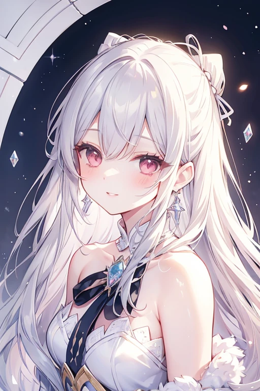 long hair, crystal earrings, blush, smile, silver hair, hair strand, ribbon, parted lips, character chart, first-person view, tachi-e, anime style, masterpiece