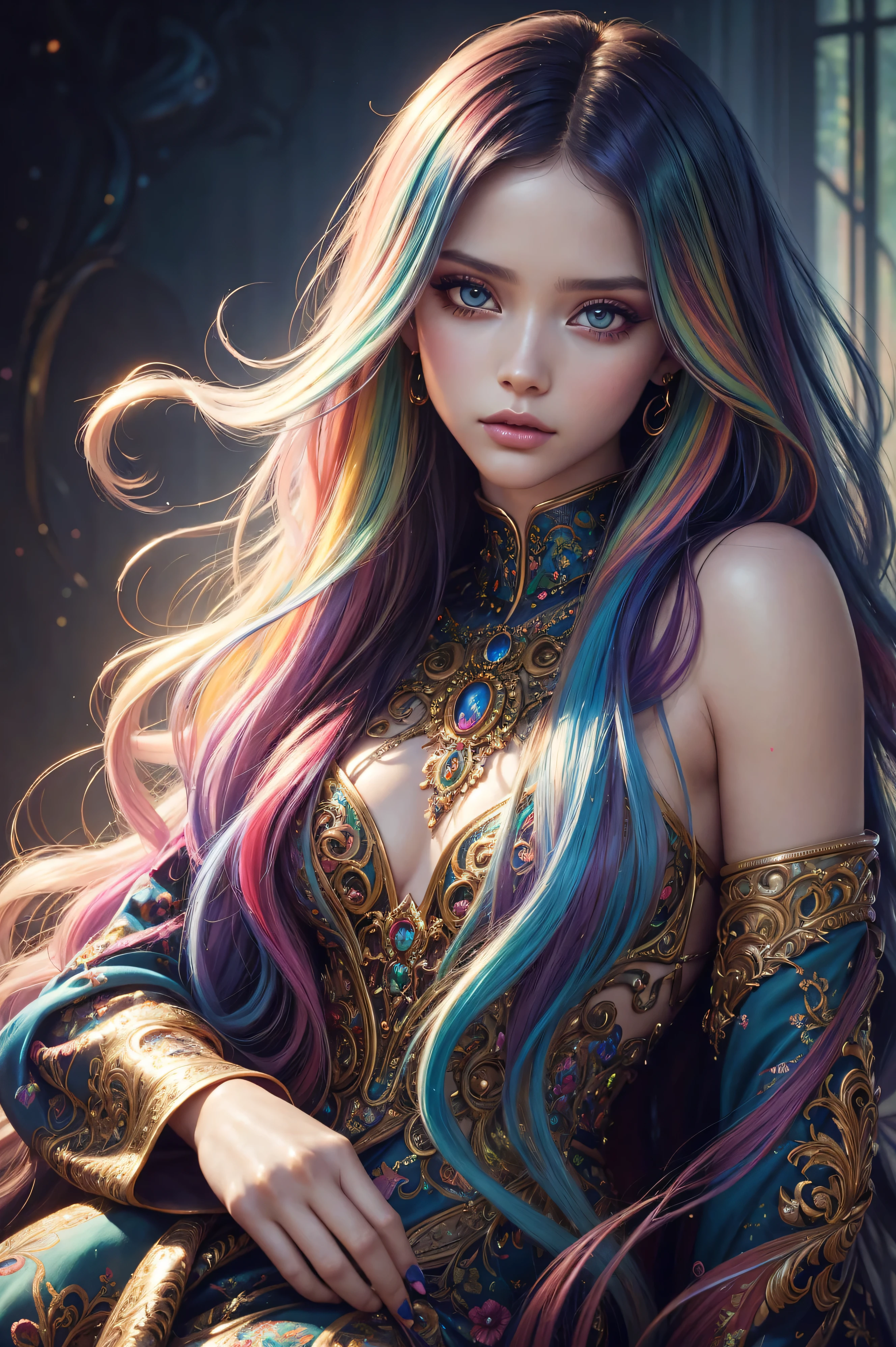 Rainbow colorful flowing hair, high fashion detailed ornate gown, euphoria makeup, highly detailed girl by artgerm and bisson, highly detailed oil painting, portrait of a beautiful Abbey Lee, art by stanley artgerm, charlie bowater, atey ghaiike mignola, lan