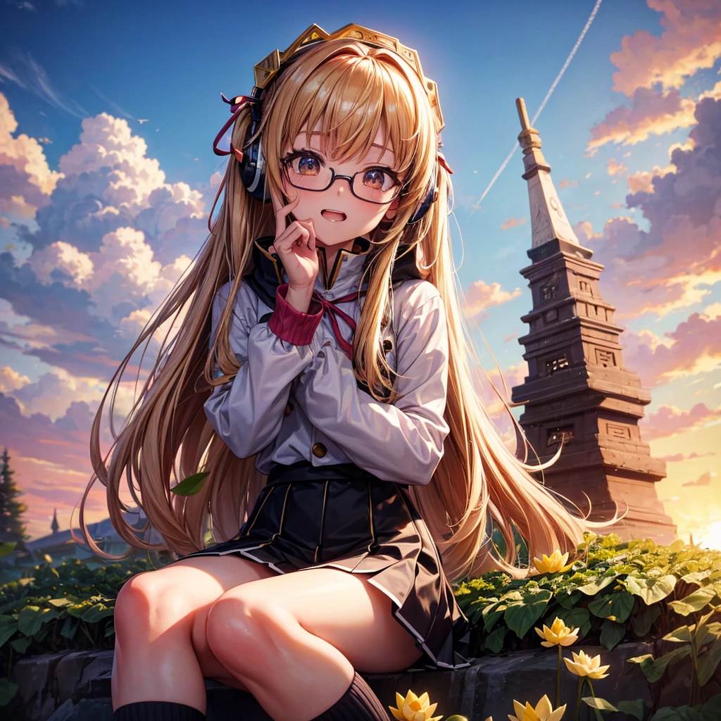 Pink gold golden hair、Golden Eyes、One good looking girl、Twin tails、solo、anime、Checkered mini skirt、The skirt has buttons、Red T-shirt、Long sleeve、China、Cape、Black knee-high socks、Wearing headphones、Wearing a ribbon、Ribbon on waist、Tilting face、Teeth are visible、Sunset sky、The rocks are exploding、Rocky Mountain、The clouds are breaking through、Contrail、Glasses、Behind him is a giant World Tree piercing the clouds.、Sitting、Touching your face、lotus leaves、stream、Cumulonimbus