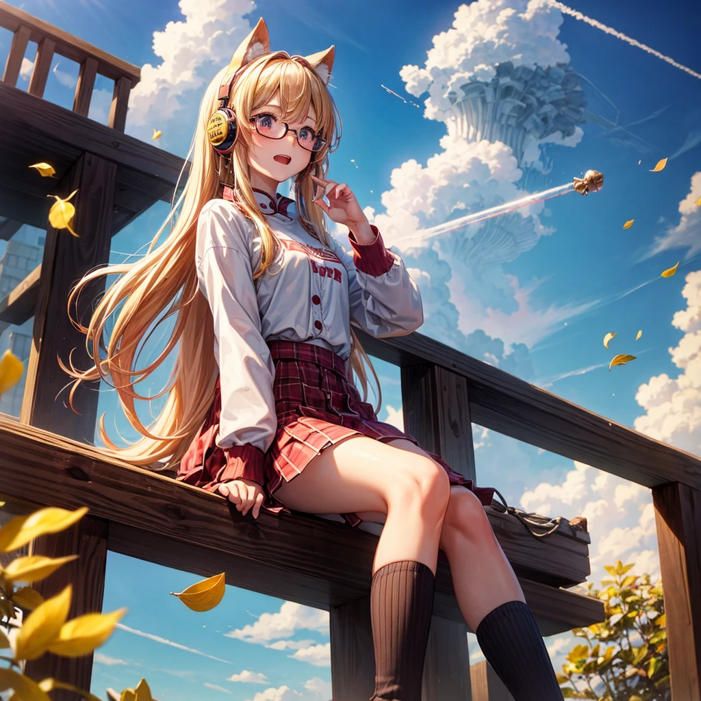 Pink gold golden hair、Golden Eyes、One good looking girl、Twin tails、solo、anime、Checkered mini skirt、The skirt has buttons、Red T-shirt、Long sleeve、China、Cape、Black knee-high socks、Wearing headphones、Wearing a ribbon、Ribbon on waist、Tilting face、Teeth are visible、Sunset sky、The rocks are exploding、Rocky Mountain、The clouds are breaking through、Contrail、Glasses、Behind him is a giant World Tree piercing the clouds.、Sitting、Touching your face、lotus leaves、stream、Cumulonimbus