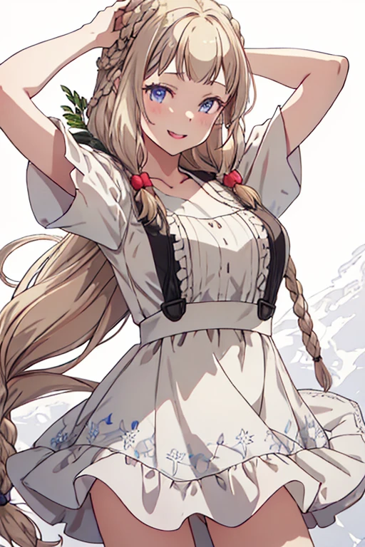 (Masterpiece: 1.2), Best Quality, (Illustration: 1.2), Eye Focus, (Ultra Detailed), Ultra Detail, (Fine Detail), (Intricate Detail), (Cinematic Light, Best Quality Backlight), Clear Lines, Solo Female, Solo Female, Perfect Figure, (1 Girl), High Contrast, (Best Lighting, Extremely Delicate and Beautiful), ((Cinematic Light)), Powerful, Absolutely Striking, Dynamic Angle, Gorgeous Background, cute Teeth, Open Mouth, mischievous smile, close-up, depth of field, close-up of a long-haired character. A cute tongue sticks out of the mouth, long hair, big breasts, short sleeves, dress, bare shoulders, braids, porcelain clothes
