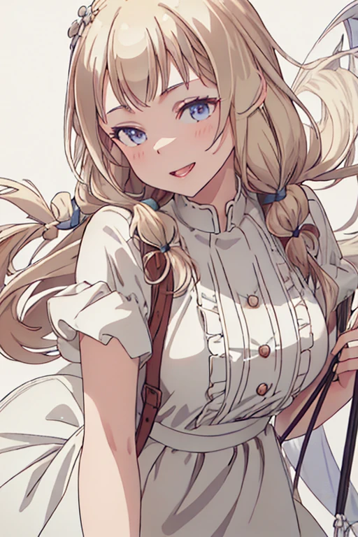 (Masterpiece: 1.2), Best Quality, (Illustration: 1.2), Eye Focus, (Ultra Detailed), Ultra Detail, (Fine Detail), (Intricate Detail), (Cinematic Light, Best Quality Backlight), Clear Lines, Solo Female, Solo Female, Perfect Figure, (1 Girl), High Contrast, (Best Lighting, Extremely Delicate and Beautiful), ((Cinematic Light)), Powerful, Absolutely Striking, Dynamic Angle, Gorgeous Background, cute Teeth, Open Mouth, mischievous smile, close-up, depth of field, close-up of a long-haired character. A cute tongue sticks out of the mouth, long hair, big breasts, short sleeves, dress, bare shoulders, braids, porcelain clothes