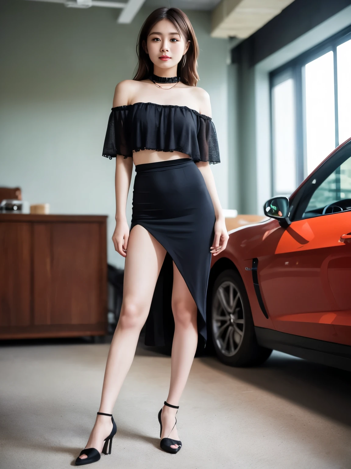(((masterpiece))), (((highest quality: 1.4))), ((Super Detail: 1.4)) ,ulzzang-6500-v1.1, (Raw photo:1.2), (Photorealistic), (See-throughな:1.3), (Genuine:1.4), (Full Body Shot:1.4), One girl, Intricate details, Off the shoulder, skirt, choker, Frills, See-through, Ultra-realistic pantyhose、 blush, Upper Body, Blurred Background, Luxury Racing, Contrasting、Sharp Eyes、Natural Skin Shader, Volumetric, Warm shades beneath her skin,