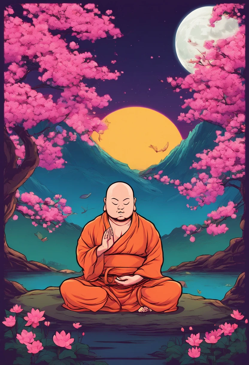 A chubby monk meditating, Cherry Blossom Garden at Night, Full moon and lotus, Full of serenity and wisdom, 