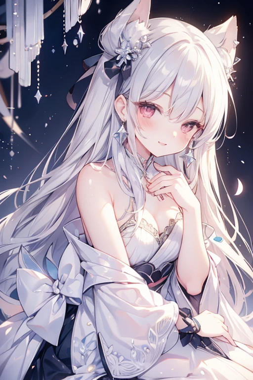 long hair, crystal earrings, blush, smile, silver hair, hair strand, ribbon, parted lips, character chart, first-person view, tachi-e, anime style, masterpiece