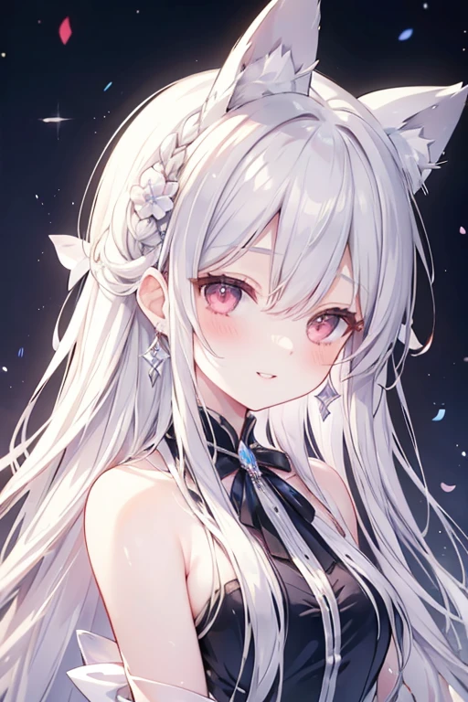 long hair, crystal earrings, blush, smile, silver hair, hair strand, ribbon, parted lips, character chart, first-person view, tachi-e, anime style, masterpiece