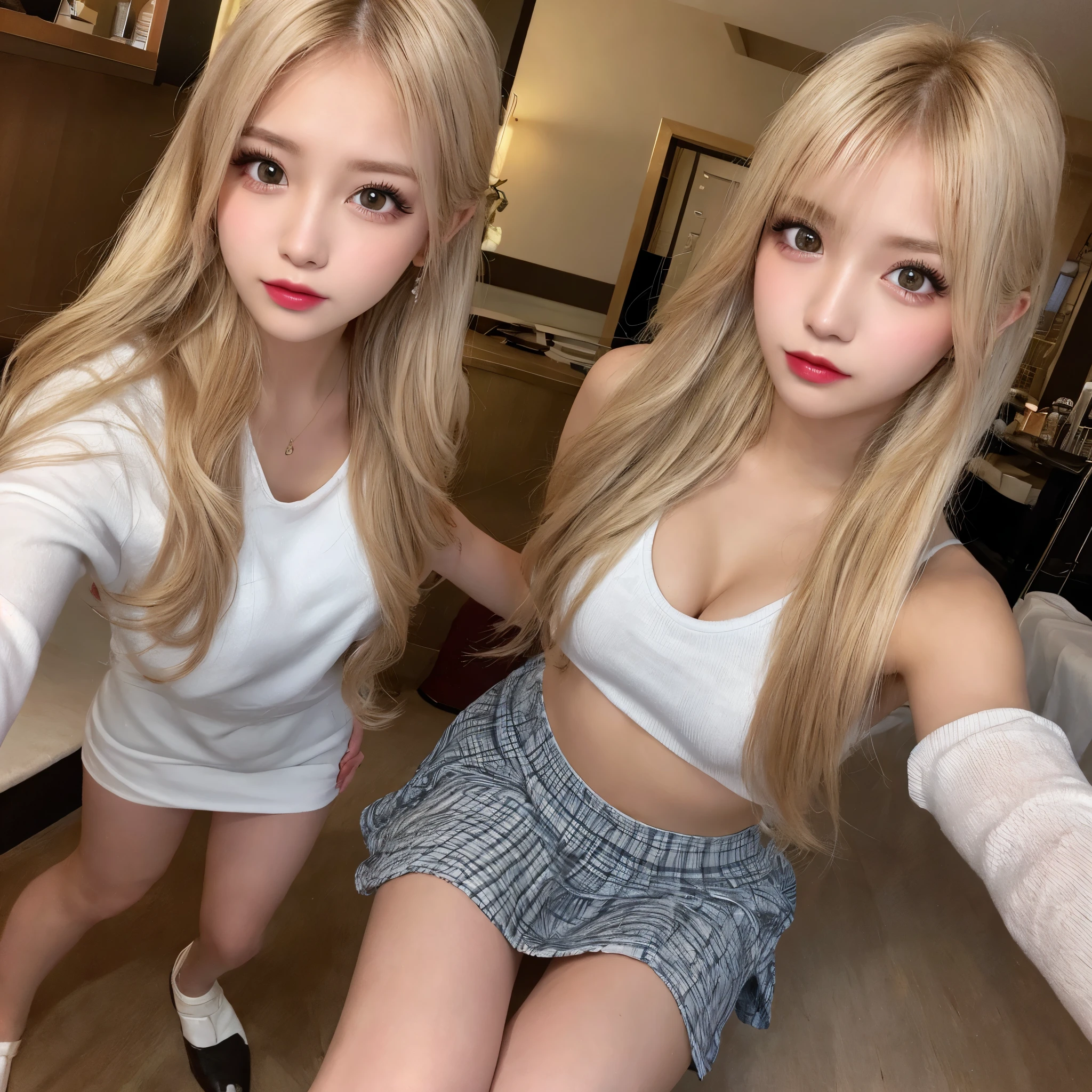 High resolution、blonde、In town、dancing、girl、one person、mini skirt、Light Hair Color、Tanned hair、sexy、blonde、high school girl、Thin legs、Beautiful eyelashes、High resolution、20-year-old、Below the knee, Wide viewing angle、highest quality、An illustration、Very detailed、Fine details、High resolution、Dende 8K Wallpaper、Beautiful eyes in every detail、Random Cute Hairstyles、C cup breasts、Natural lip colour