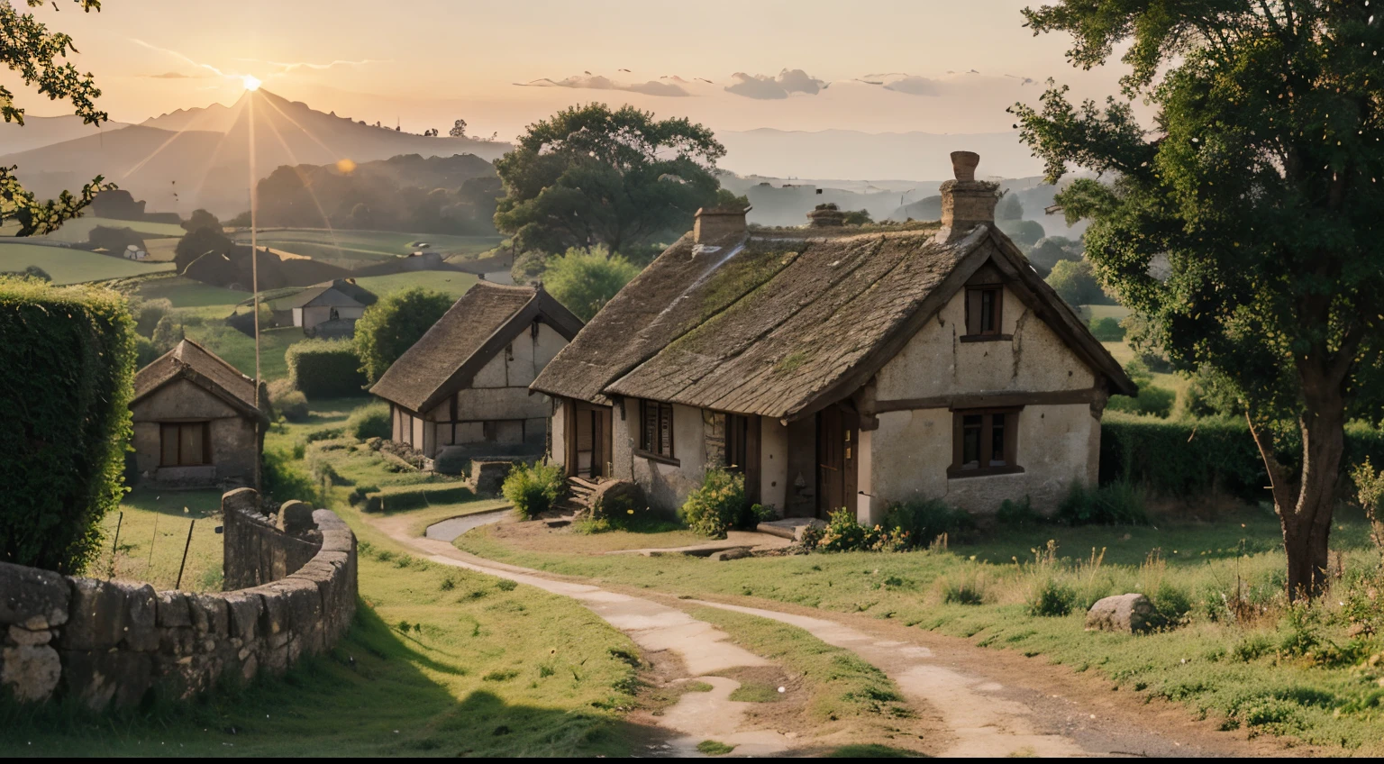 ancient houses in the countryside in the morning with sunlight and morning dew