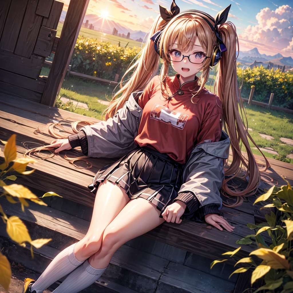 Pink gold golden hair、Golden Eyes、One good looking girl、Twin tails、solo、anime、Checkered mini skirt、The skirt has buttons、Red T-shirt、China、Cape、Black knee-high socks、Wearing headphones、Wearing a ribbon、Ribbon on waist、Tilting face、Teeth are visible、Sunset sky、Water Mountain、Piercing the clouds、Contrail、Red lens glasses、tree、Touching your face、lotus leaves、Cumulonimbus、bamboo forest、Lying down、There is bamboo in the glass case