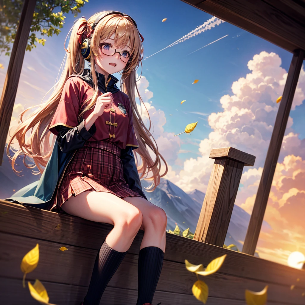 Pink gold golden hair、Golden Eyes、One good looking girl、Twin tails、solo、anime、Checkered mini skirt、The skirt has buttons、Red T-shirt、Long sleeve、China、Cape、Black knee-high socks、Wearing headphones、Wearing a ribbon、Ribbon on waist、Tilting face、Teeth are visible、Sunset sky、The rocks are exploding、Rocky Mountain、The clouds are breaking through、Contrail、Glasses、Behind him is a giant World Tree piercing the clouds.、Sitting、Touching your face、lotus leaves、stream、Cumulonimbus