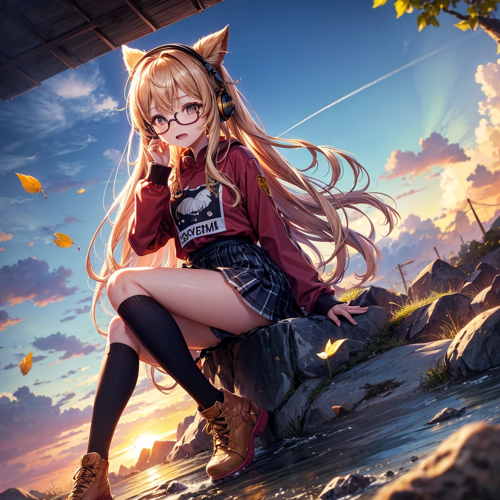 Pink gold golden hair、Golden Eyes、One good looking girl、Twin tails、solo、anime、Checkered mini skirt、The skirt has buttons、Red T-shirt、Long sleeve、China、Cape、Black knee-high socks、Wearing headphones、Wearing a ribbon、Ribbon on waist、Tilting face、Teeth are visible、Sunset sky、The rocks are exploding、Rocky Mountain、The clouds are breaking through、Contrail、Glasses、Behind him is a giant World Tree piercing the clouds.、Sitting、Touching your face、lotus leaves、stream、Cumulonimbus