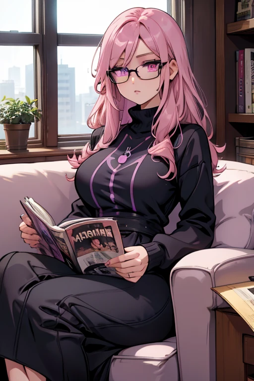 A pink haired woman with violet eyes with an hourglass figure with glasses in a cute sweatshirt dress is reading magazines on a couch