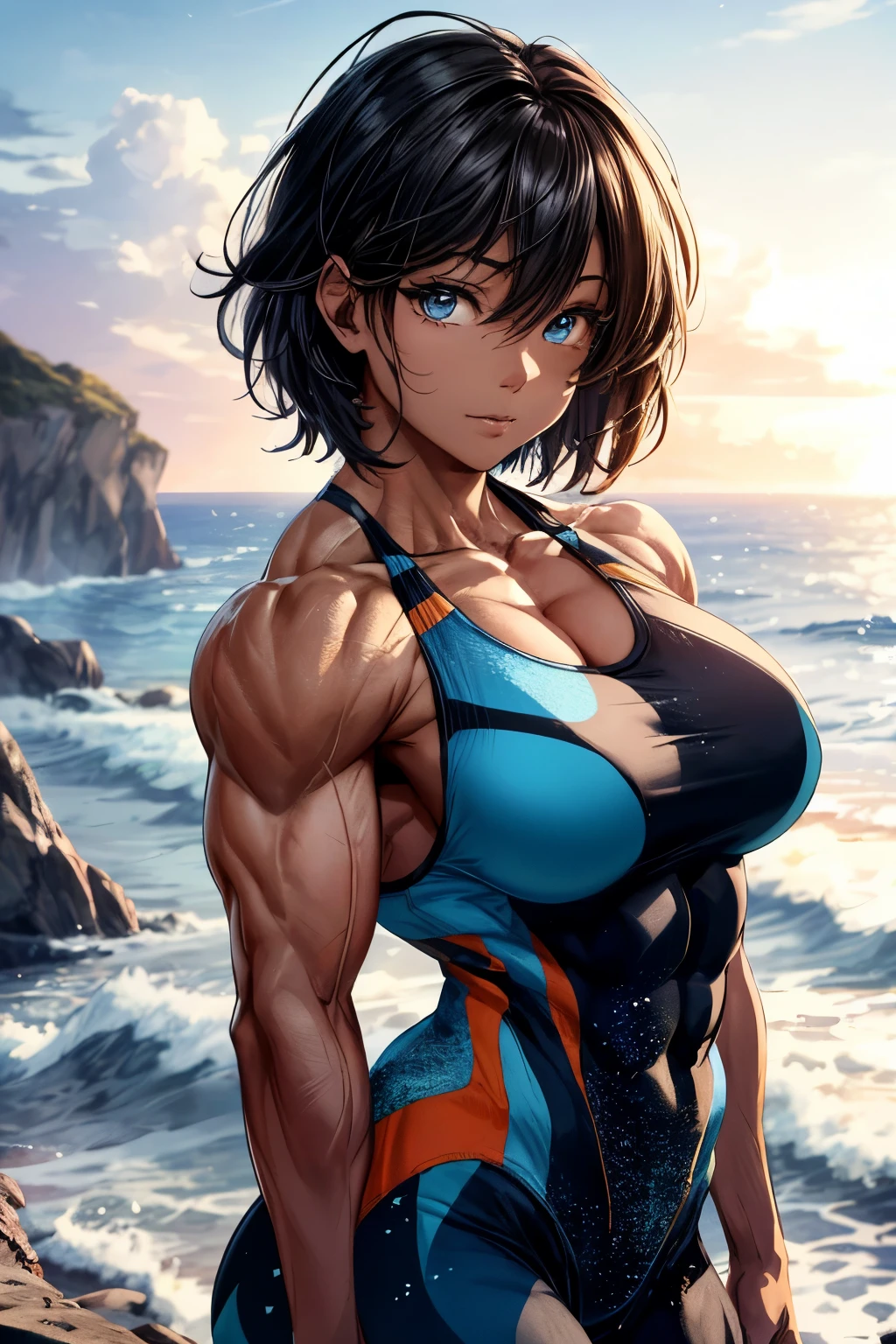 (best lighting) , (super-complex details) , 4K unified, (super-detailed CG: 1.2) , (8K: 1.2),(original), (masterpiece) , (best quality),(Masterpiece:1.4),Anime-ish high quality,(masterpiece),masterpiece, best quality, absurdres,((Masterpeace, 4k, 8k, highres)),(masterpiece), (best quality), (ultra-detailed), (an extremely delicate and beautiful), ((cowboy shot)), 1 woman, , ((body builder:1.5)),temple background,(beautiful bace),(girl),(female),(((upper body:1))),, wearing a flowing dress, is standing on a cliff overlooking the ocean. Her eyes are mesmerizing and full of depth, with long curled lashes. Her lips are touched with a gentle smile. The sunlight reflects on her face, highlighting her delicate features. The waves crash against the rocks below, creating a sense of powerful movement and energy. The girl's dark hair is blowing in the wind, adding to the dynamic atmosphere. The sky is painted with vivid hues of blue and orange, creating a stunning contrast with the girl's silhouette. The overall scene exudes a sense of tranquility and awe-inspiring beauty, short hair, bob hair