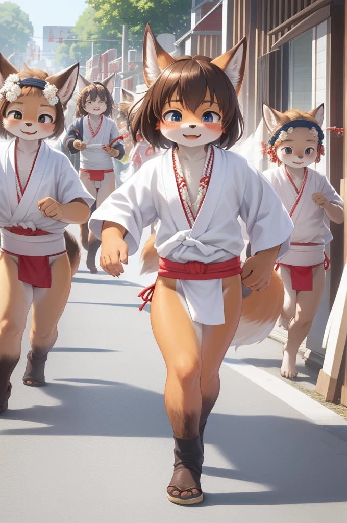 hairy fox girl , Short stature , realistic hairy fur , round face , Swollen cheeks , glossy lips , Japanese festivals, hakata yamakasa , happi coats , fundoshi , summer sunny day , cumulonimbus , running , Crowds along the road