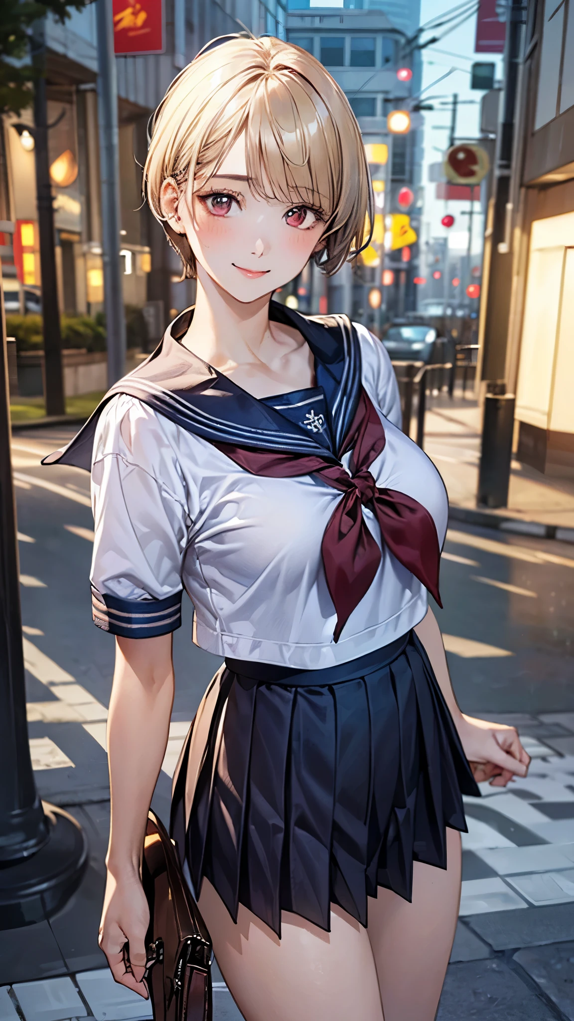 (masterpiece:1.2, top-quality), (realistic, photorealistic:1.4), beautiful illustration, (natural side lighting, movie lighting), nsfw, 
looking at viewer, cowboy shot, front view:0.6, 1 girl, japanese, high school girl, perfect face, cute and symmetrical face, shiny skin, 
(short hair:1.5, pixie cut:1.4, blond hair), bangs pinned back, red eyes, long eye lasher, (large breasts:0.6, thick thighs), 
beautiful hair, beautiful face, beautiful detailed eyes, beautiful clavicle, beautiful body, beautiful chest, beautiful thigh, beautiful legs, beautiful fingers, 
((detailed cloth texture, short sleeves cute sailor suit, pleated skirt, sailor collar, sailor scarf, socks, brown loafers)), 
(beautiful scenery), evening, (street:1.2), standing, wave hands, (lovely smile, upper eyes), 