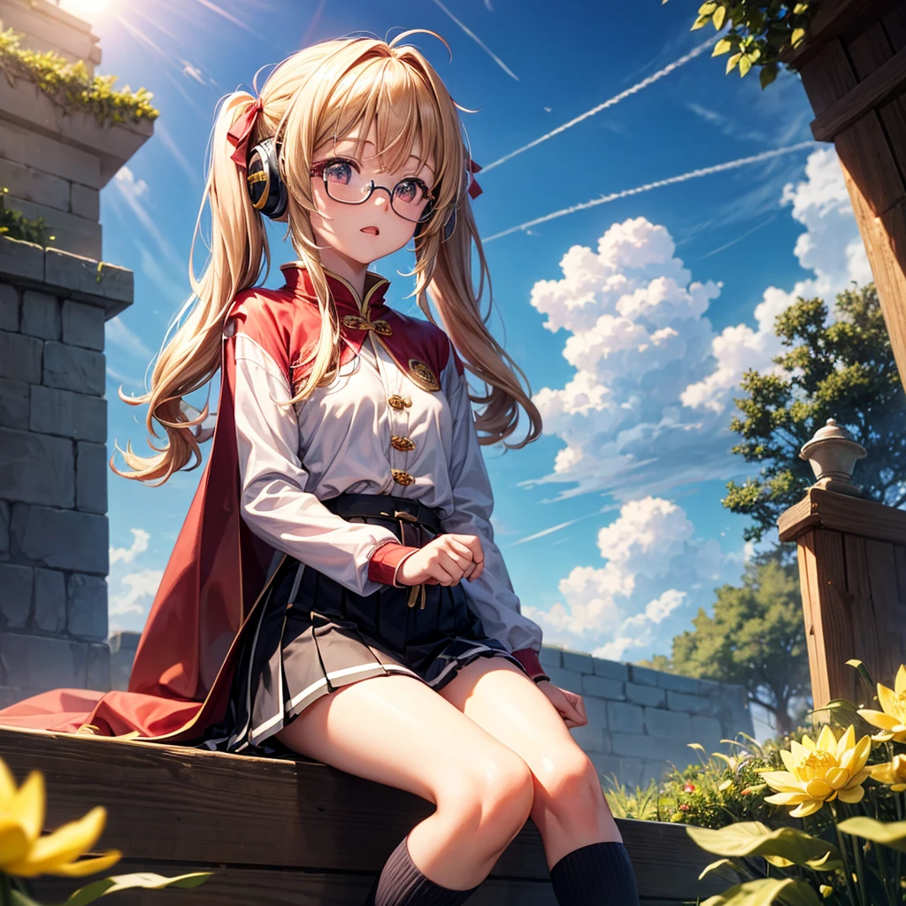 Pink gold golden hair、Golden Eyes、One good looking girl、Twin tails、solo、anime、Checkered mini skirt、The skirt has buttons、Red T-shirt、Long sleeve、China、Cape、Black knee-high socks、Wearing headphones、Wearing a ribbon、Ribbon on waist、Tilting face、Teeth are visible、Sunset sky、The rocks are exploding、Rocky Mountain、The clouds are breaking through、Contrail、Glasses、Behind him is a giant World Tree piercing the clouds.、Sitting、Touching your face、lotus leaves、stream、Cumulonimbus