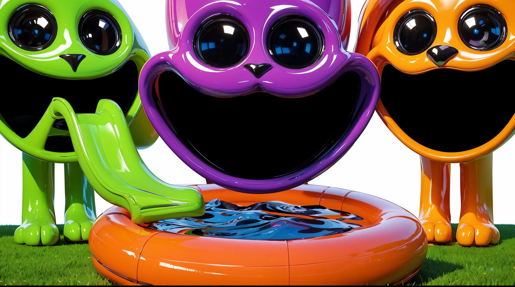 An inflatable swimming pool on a lawn, surrounded by green and orange boots. The image depicts two large orange glossy feet with five toes each, standing on a blue surface. The feet have a unique design, with the big toe pointing inwards. The skin on the feet has wrinkles and looks rough. The image depicts two large orange feet with five toes each, standing on a blue surface. The feet have a unique design, with the big toe pointing inwards. The skin on the feet has wrinkles and looks rough. cartoon key frame rendering, cute 3D rendering, Shiny metallic,Create ultra sharp цветной рендеринг zbrush. perfect cgi, cgi art created only with gradients, smooth silhouette, Create ultra sharp skin, high intensity refraction, (plastic material), most beautiful vfx, blue background, plastic refractions, glossy texture, smooth 3d model, multiple light sources, rim light, sharp post effects render, (glossy plastic texture with multiple big light probe refractions), perfect cgi, cgi art created only with gradients, smooth silhouette, high intensity refraction, (plastic material), most beautiful vfx, blue background, plastic refractions Create ultra sharp