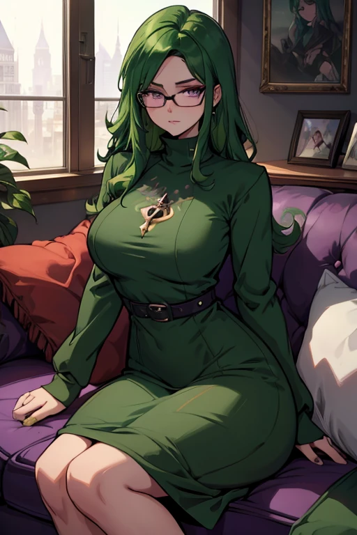 A  green haired woman with violet eyes with an hourglass figure with glasses in a cute sweatshirt dress is watching a movie on a couch