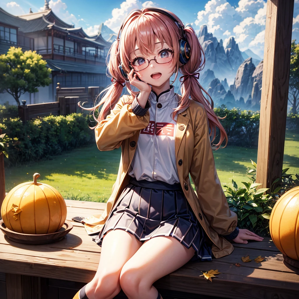 Pink gold golden hair、Golden Eyes、One good looking girl、Twin tails、solo、anime、Checkered mini skirt、The skirt has buttons、Red T-shirt、Long sleeve、China、Cape、Black knee-high socks、Wearing headphones、Wearing a ribbon、Ribbon on waist、Tilting face、Teeth are visible、Sunset sky、The rocks are exploding、Rocky Mountain、The clouds are breaking through、Contrail、Glasses、Behind him is a giant World Tree piercing the clouds.、Sitting、Touching your face、lotus leaves、stream、Cumulonimbus