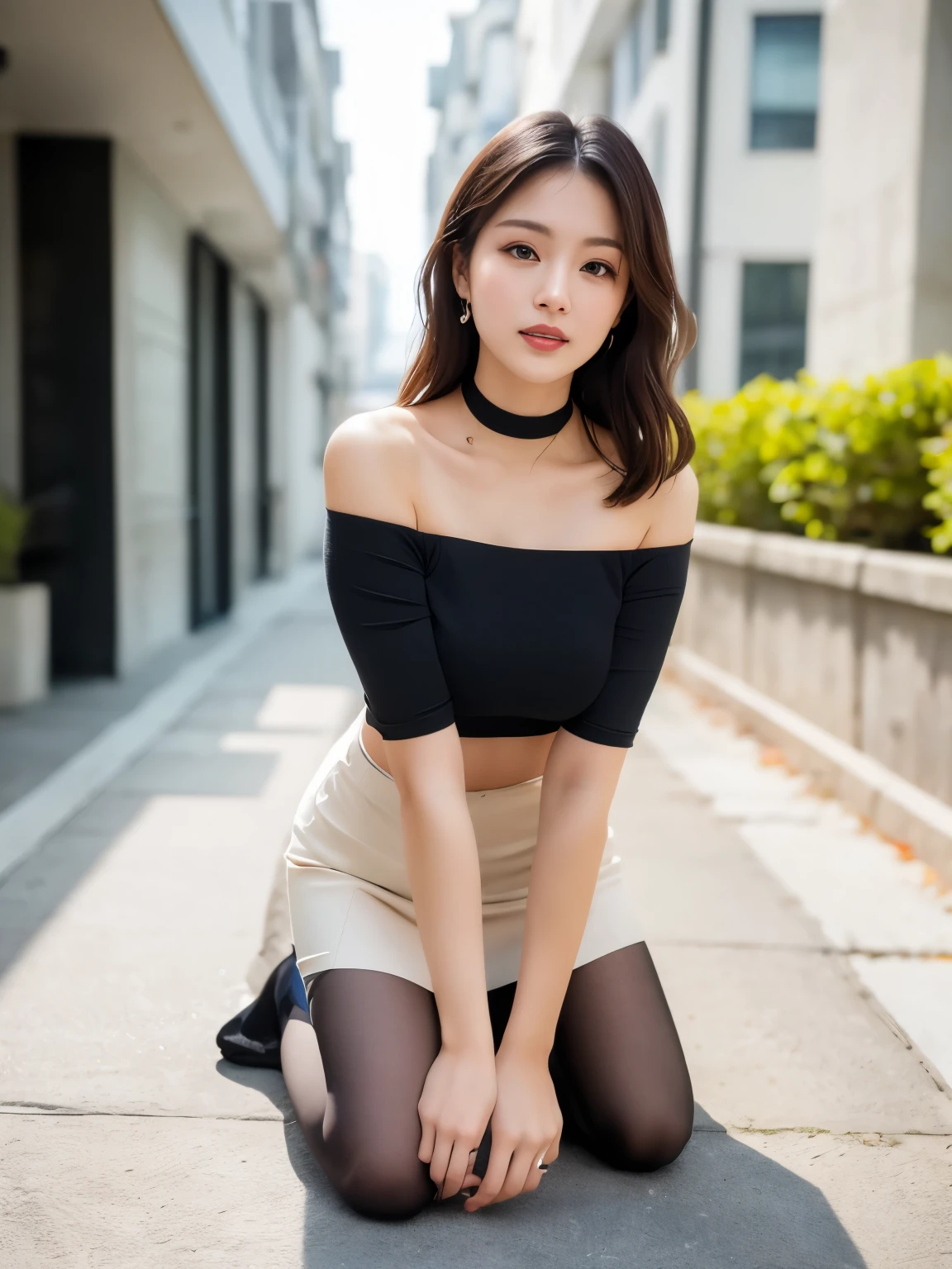(((masterpiece))), (((highest quality: 1.4))), ((Super Detail: 1.4)) ,ulzzang-6500-v1.1, (Raw photo:1.2), (Photorealistic), (See-throughな:1.3), (Genuine:1.4), (Full Body Shot:1.4), One girl, Intricate details, Off the shoulder, skirt, choker, Frills, See-through, (Ultra-realistic pantyhose)、 blush, Upper Body, Blurred Background, Luxury Racing, Contrasting、Sharp Eyes、Natural Skin Shader, Volumetric, Warm shades beneath her skin, Various poses sitting on the floor