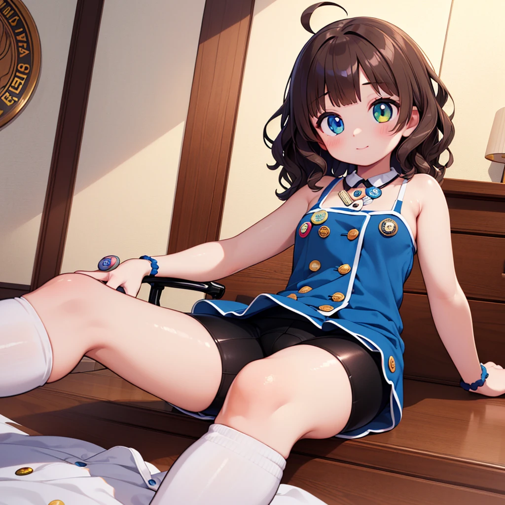 (best quality, masterpiece, uncensored, high quality, ultra detailed, extremely detailed CG, beautiful face, beautiful eyes, beautiful hair), (solo), ((((1girl)))), ((((Brown short hair)))), (((((wavy hair))))), ahoge, heterochromia, small breasts, (((((sundress))))), (((((bike shorts))))), (((((kneehighs))))), (((hair scrunchie))), (((((button badge))))), happy, (((((reclining))))), (((((bedroom))))), (extremely awesome detailed pretty face, extremely awesome detailed eyes, extremely awesome detailed shiny hair:1.2), extremely awesome detailed dynamic lighting, extremely awesome detailed caustic, extremely awesome detailed deep shadows,(best quality, highres, absurdres, extremely awesome detailed CG unity 8K HDR wallpaper, perfect anatomy:1.1),(extremely awesome detailed realistic, extremely awesome detailed 3d:1.0)