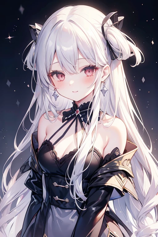 long hair, crystal earrings, blush, smile, silver hair, hair strand, ribbon, parted lips, character chart, first-person view, tachi-e, anime style, masterpiece