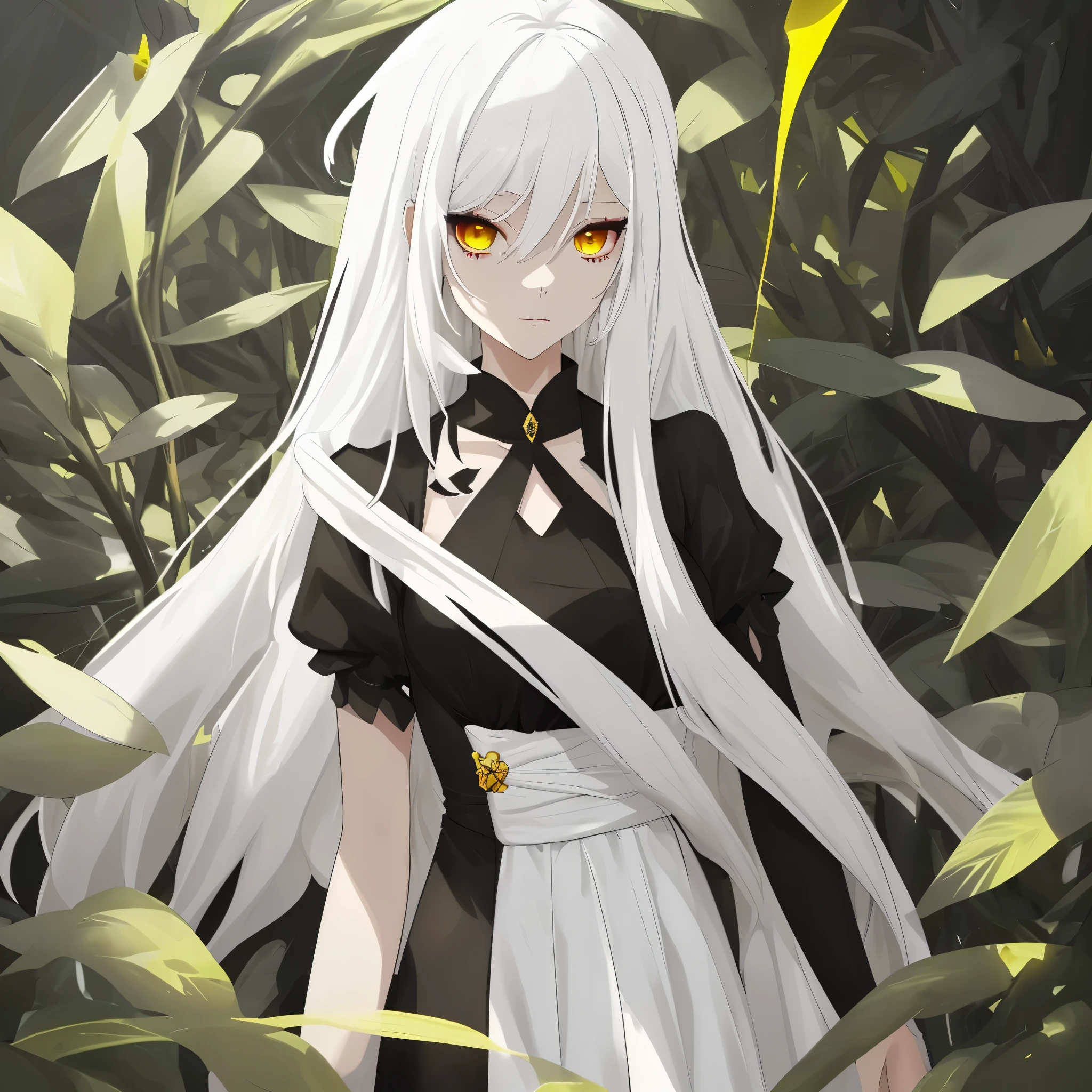 Queen, white hair, yellow eyes, skini body,long black dress, covered by red rays

